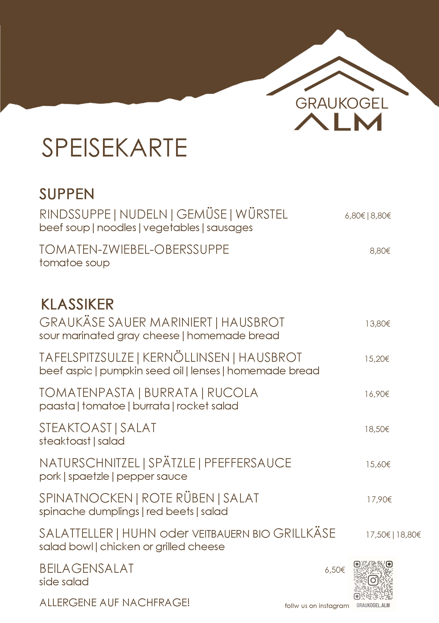 Speisekarte Graukogelalm Sonnenterrasse Graukogel Essen Trinken