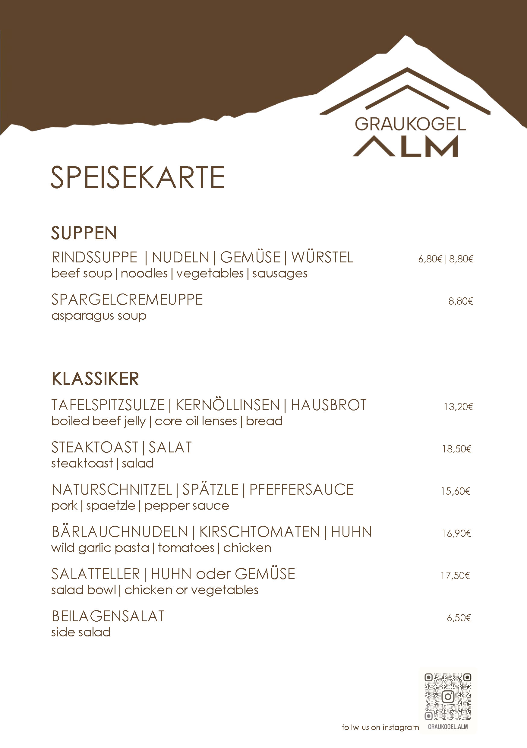 Speisekarte Graukogelalm