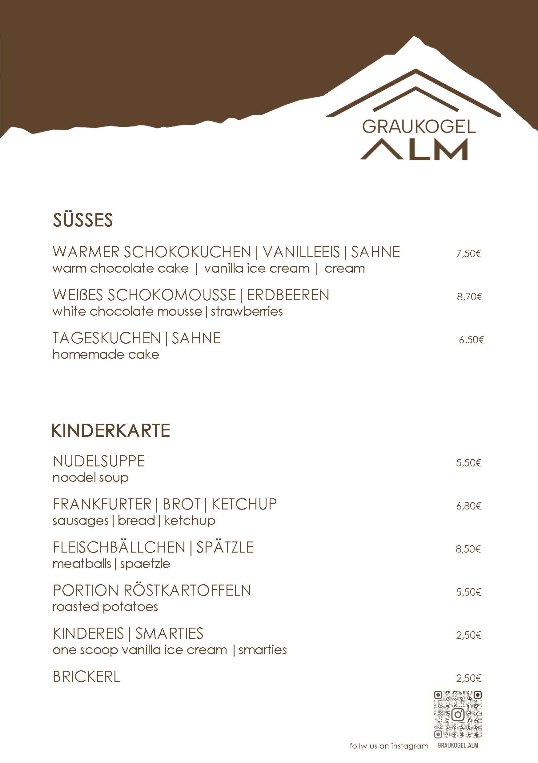 Speisekarte Graukogelalm